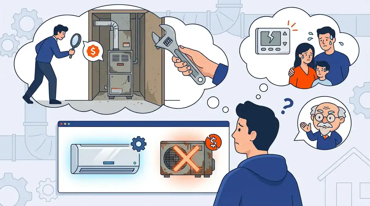 Homeowner inspecting HVAC system with technician and troubleshooting issues.