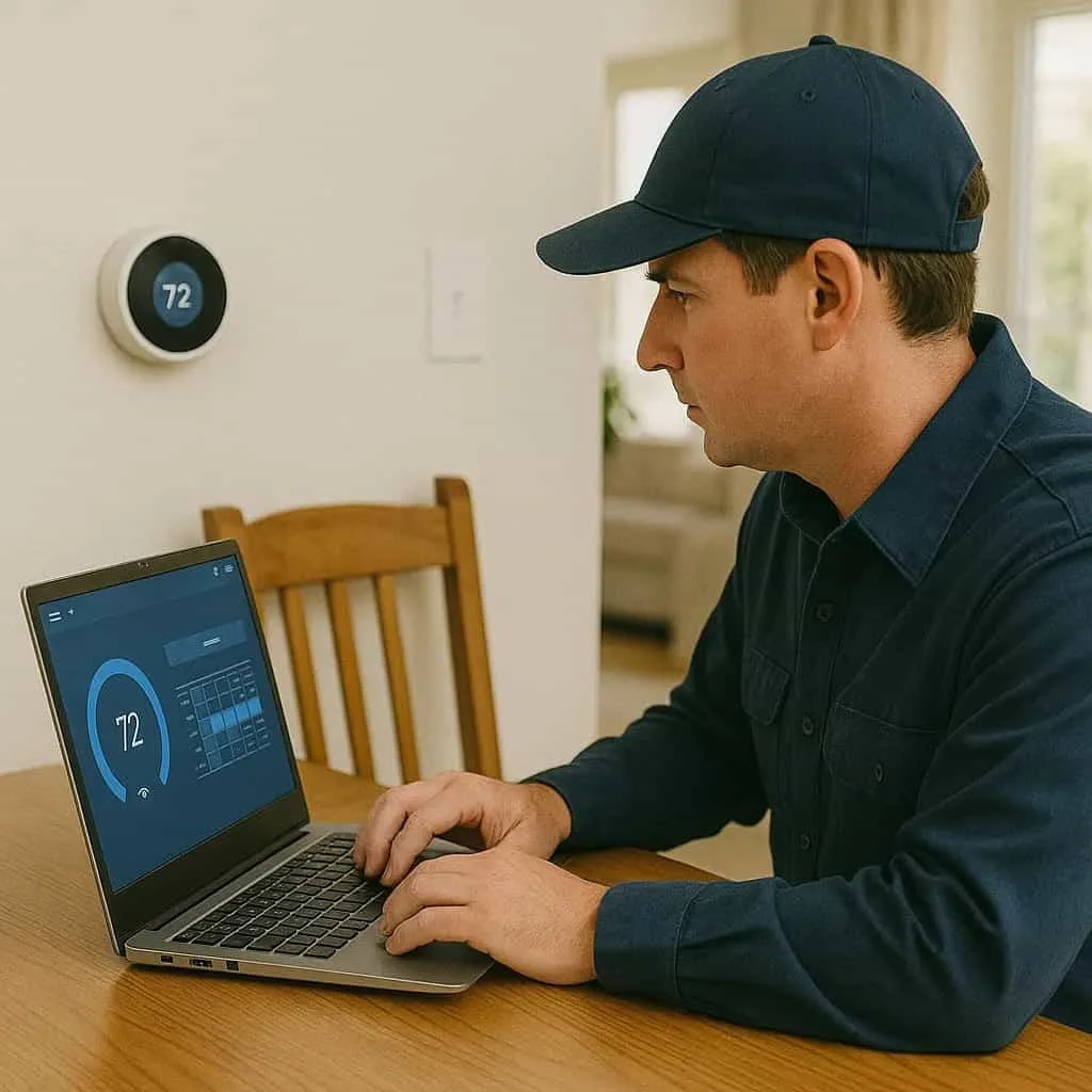 Man adjusting smart thermostat with laptop — Smart Home Air & Heat Orlando installation
