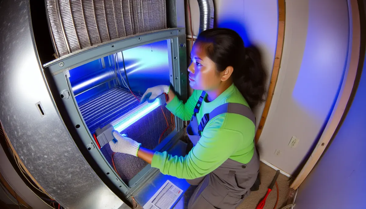 HVAC technician installing UV germicidal light for indoor air quality in Conway home