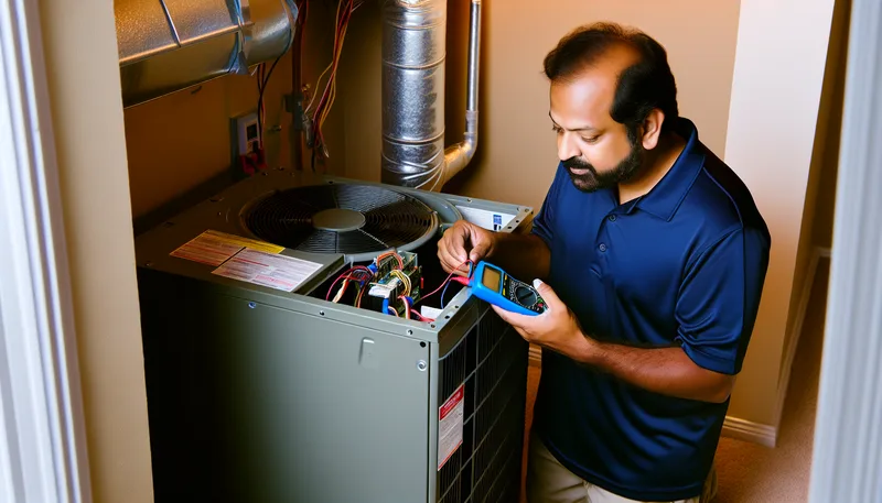 Smart Home Air & Heat technician servicing heat pump in Seminole County home