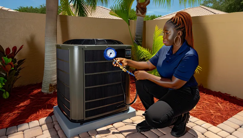Smart Home Air & Heat technician checking refrigerant during AC maintenance