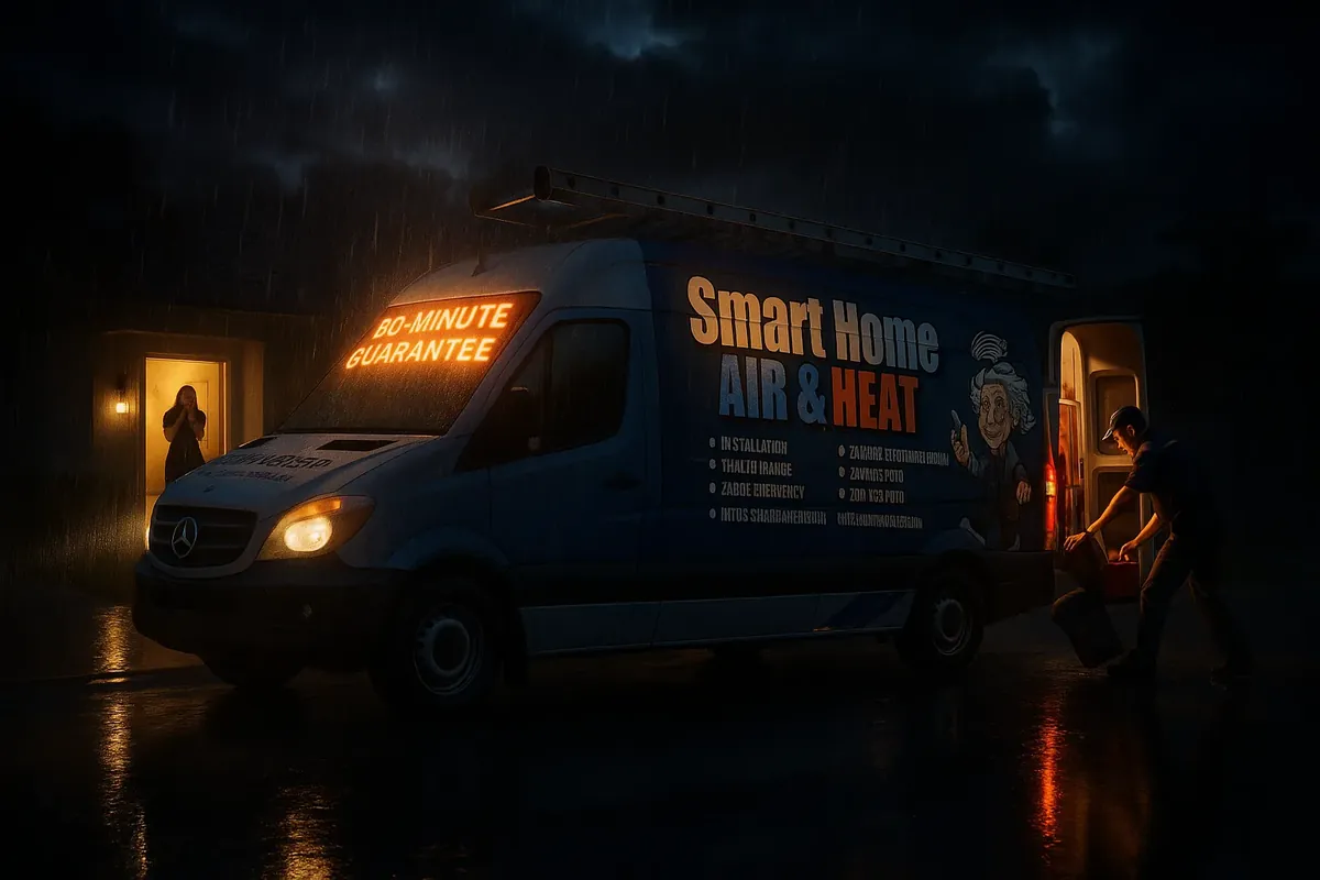 Smart Home Air & Heat emergency van responding 24/7 to an Orlando AC breakdown in the rain