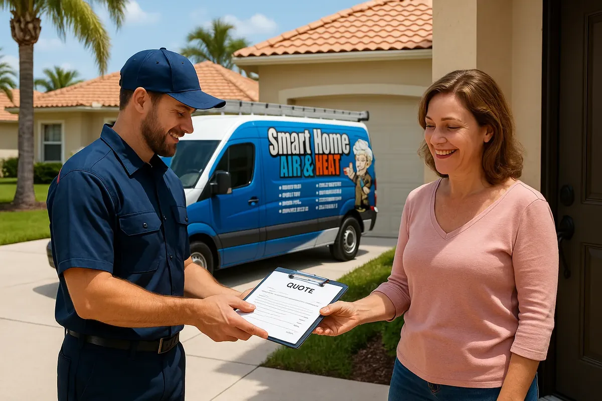 Smart Home Air & Heat technician presenting a written quote to a Seminole County homeowner